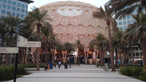 Dubai, United Arab Emirates - October 3, 2020: Al Wasl Plaza dome at the Dubai EXPO 2020 in the United Arab Emirates designed as a central hub for the exposition bringing everything together