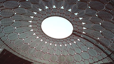 Dubai, United Arab Emirates - October 3, 2020: Al Wasl Plaza dome roof with an opening at the Dubai EXPO 2020 in the United Arab Emirates the center area of the event