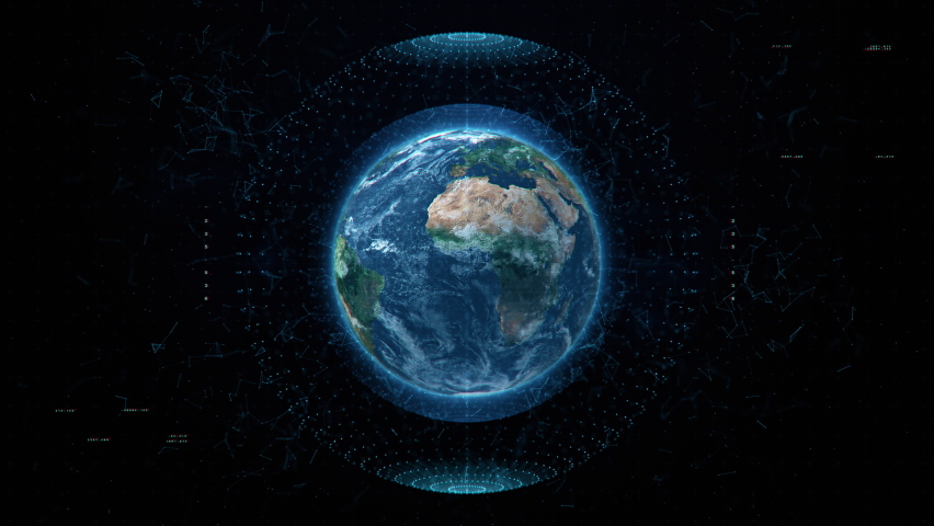 Earth in space with HUD interface elements. Planet Earth with hologram design parts is slowly rotating in solar system. Big blue planet in cosmos. Humans world in space. Universe Royalty-Free Stock Footage #1080293795