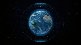 Earth in space with HUD interface elements. Planet Earth with hologram design parts is slowly rotating in solar system. Big blue planet in cosmos. Humans world in space. Universe - Powered by Shutterstock - Get 15% off with code: PIKWIZARD15