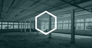 Animation of hexagon and financial data processing over empty industrial interiors. global business, finance and data processing concept digitally generated video.