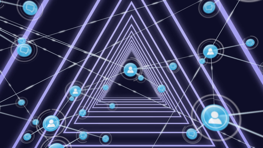 Network of profile icons against neon blue glowing triangular tunnel on black background. global networking and technology concept - Powered by Shutterstock - Get 15% off with code: PIKWIZARD15