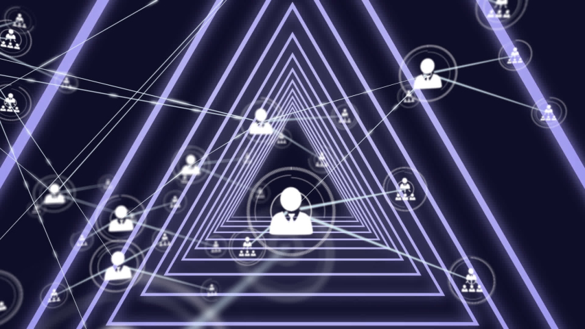 Network of digital icons against neon blue glowing triangular tunnel on black background. global networking and technology concept - Powered by Shutterstock - Get 15% off with code: PIKWIZARD15
