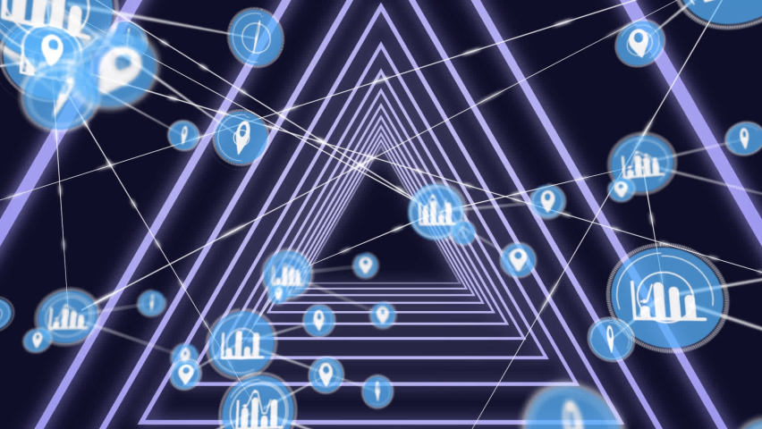 Network of digital icons against against neon blue glowing triangular tunnel on black background. global networking and technology concept - Powered by Shutterstock - Get 15% off with code: PIKWIZARD15