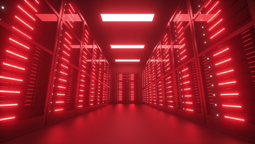 Endangered, hacked Datacenter server room interior walkthrough animation. Internet server downtime concept. 3d render | Shutterstock HD Video #1080296528