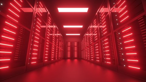 Endangered, hacked Datacenter server room interior walkthrough animation. Internet server downtime concept. 3d render