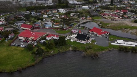 Aerial View Of Anglican Church At Ohinemutu Suburb By Lake Rotorua In New Zealand.