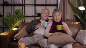 Elderly Asian couple watching a movie on their television at home at night while having a drink. - Powered by Shutterstock - Get 15% off with code: PIKWIZARD15