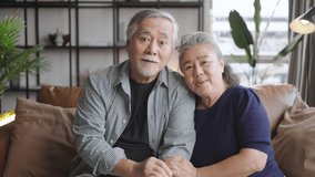 Asian elderly couple chatting through the camera for a video call with distant family