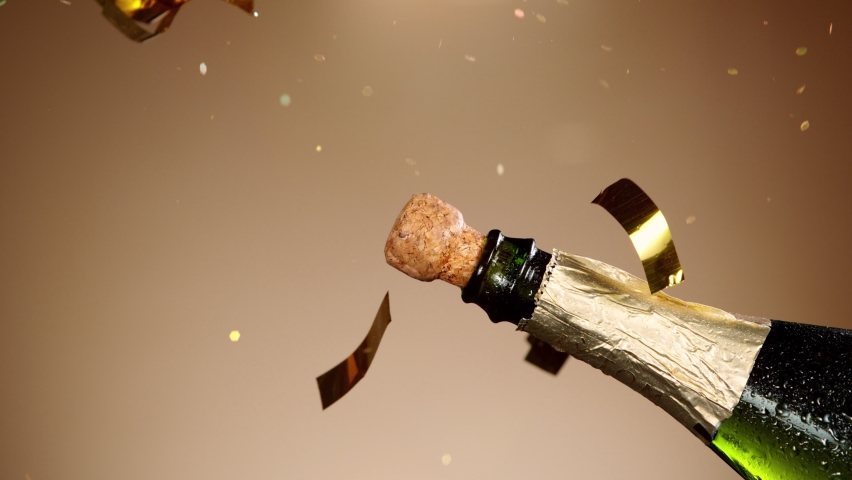 Super slow motion of Champagne explosion, opening champagne bottle closeup. Filmed on high speed cinema camera, 1000fps Royalty-Free Stock Footage #1080308096