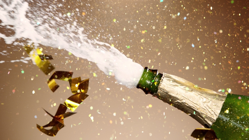 Super slow motion of Champagne explosion, opening champagne bottle closeup. Filmed on high speed cinema camera, 1000fps Royalty-Free Stock Footage #1080308096