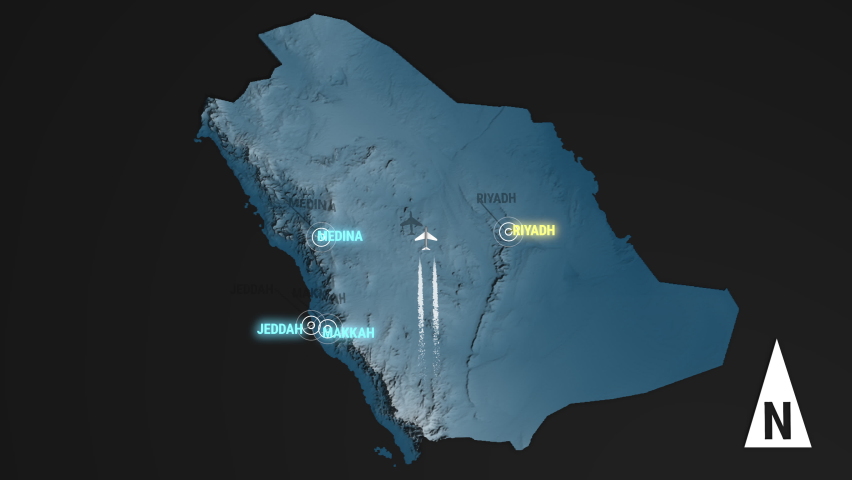 Seamless looping animation of the 3d terrain map at nighttime of Saudi Arabia with the capital and the biggest cites in 4K resolution