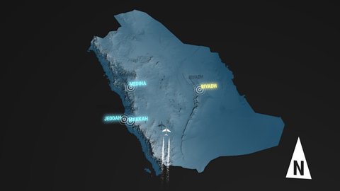 Seamless looping animation of the 3d terrain map at nighttime of Saudi Arabia with the capital and the biggest cites in 4K resolution