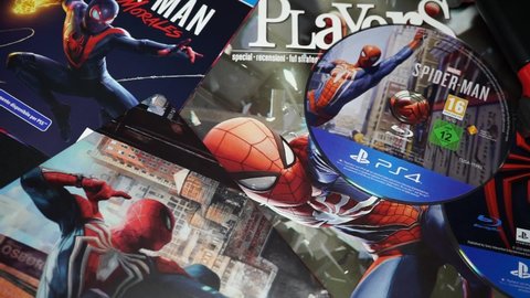 Rome, Italy - 02 October 2021, detail of Marvel's Spider-Man dynamic adventure video game developed by Insomniac Games distributed by Sony Interactive Entertainment exclusively for PlayStation 4.