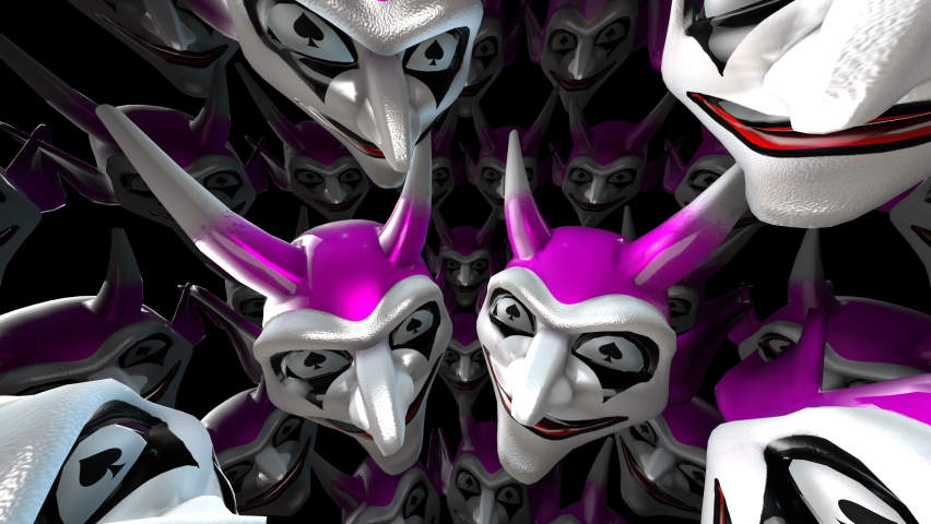 Seamless animation of joker masks. 8K spherical rendering of Halloween monsters.
