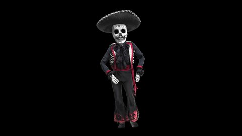 Seamless animation mariachi skeleton salsa dancing isolated with alpha channel. Funny character dressed up for The Day of Dead holiday with hat, makeup and costume.