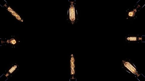 A set of several pulsating incandescent bulbs as a background frame. Retro interior design concept. Mockup template.