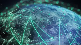 Abstract Tech Earth Globalization in 3d Motion Graphic. Concept Transmit Ai Networking on Fiber Optic. Transfer 5g Web Communications Signal on Worldwide. Global Business Dots on Rotating Blue Planet - Powered by Shutterstock - Get 15% off with code: PIKWIZARD15