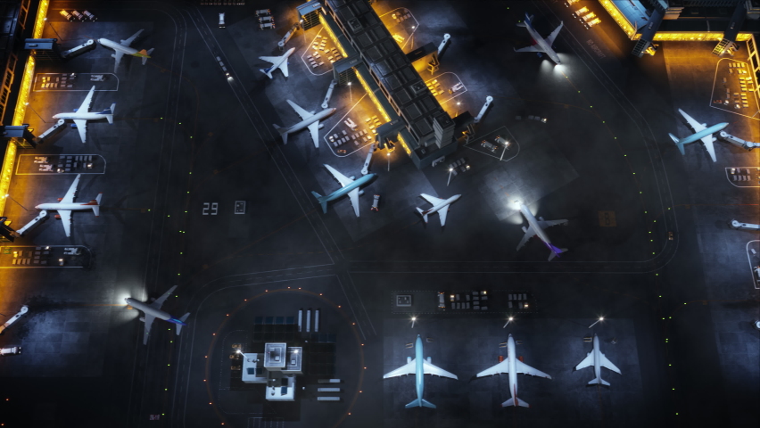 Aerial View of a 3D Commercial Airport Render with Airplanes, Passenger Terminals, Runway and Service Machinery. Top Down Panning View of Modern VFX Aircrafts Moving International Port During Night. Royalty-Free Stock Footage #1080320405