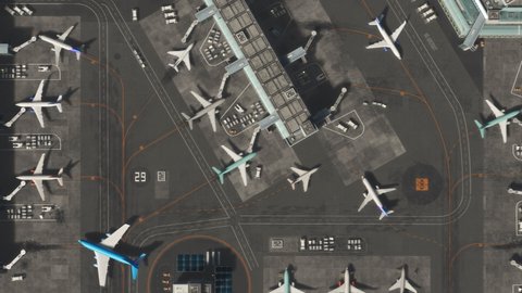 Aerial View of a 3D Commercial Airport Render with Parked Planes, Passenger Terminals, Runway and Service Machinery. Top Down Panning View of Modern VFX Aircrafts Moving International Port During Day.