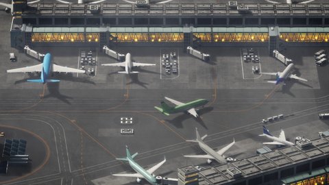 Aerial View of a 3D Commercial Airport Render with Planes, Passenger Terminals, Runway and Service Machinery. Top Down View of Modern Aircraft Parking in International Airport. Panning VFX Shot.