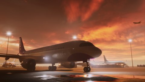 3D Commercial Airplane Pulling Up to Terminal in Airport Render with Aircrafts, Passenger Terminals, Runway and Service Machinery. Modern VFX Planes Moving in International Port at Night.