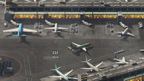 Aerial View of a 3D Commercial Airport Render with Planes, Passenger Terminals, Runway and Service Machinery. Top Down View of Modern Aircraft Parking in International Airport. Tilt Shift VFX Shot.