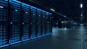 Modern Data Technology Center Server Racks Working in Dark Facility. Concept of Internet of Things, Big Data Protection, Storage, Cryptocurrency Farm, Cloud Computing. 3D Panning Forward Camera Shot. - Powered by Shutterstock - Get 15% off with code: PIKWIZARD15