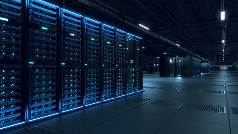 Modern Data Technology Center Server Racks Working in Dark Facility. Concept of Internet of Things, Big Data Protection, Storage, Cryptocurrency Farm, Cloud Computing. 3D Panning Forward Camera Shot.