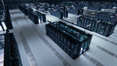 Modern Data Technology Center Server Racks Working in Well-Lighted Room. Concept of Internet of Things, Big Data Protection, Storage, Cryptocurrency Farm, Cloud Computing. 3D Above Camera Shot.