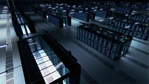 Modern Data Technology Center Server Racks Working in Dark Facility. Concept of Internet of Things, Big Data Protection, Storage, Cryptocurrency Farm, Cloud Computing. 3D Panning Above Camera Shot.