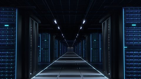 Modern Data Technology Center Server Racks Working in Dark Facility. Concept of Internet of Things, Big Data Protection, Storage, Cryptocurrency Farm, Cloud Computing. 3D Moving Forward Camera Shot.