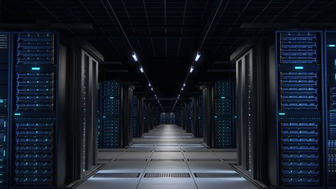 Modern Data Technology Center Server Racks Working in Well-Lighted Room. Concept of Internet of Things, Big Data Protection, Storage, Cryptocurrency Farm, Cloud Computing. Moving Forward Camera Shot.