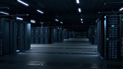 Modern Data Technology Center Server Racks Working in Dark Facility. Concept of Internet of Things, Big Data Protection, Storage, Cryptocurrency Farm, Cloud Computing. 3D Arc Camera Shot.