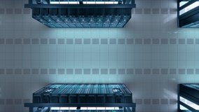 Modern Data Technology Center Server Racks Working in Well-Lighted Facility. Concept of Internet of Things, Big Data Protection, Storage, Cryptocurrency Farm, Cloud Computing. 3D Top Down Camera Shot. - Powered by Shutterstock - Get 15% off with code: PIKWIZARD15