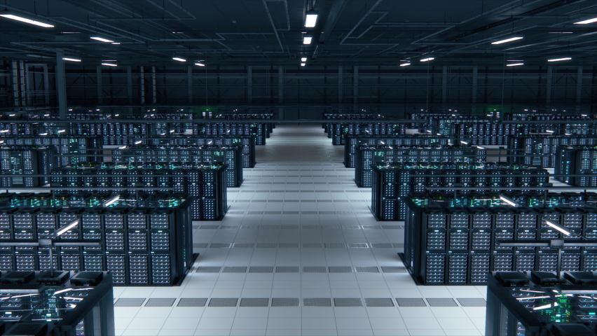 Modern Data Technology Center Server Racks Working in Well-Lighted Room. Concept of Internet of Things, Big Data Protection, Storage, Cryptocurrency Farm, Cloud Computing. 3D Moving Back Camera Shot. - Powered by Shutterstock - Get 15% off with code: PIKWIZARD15