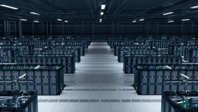 Modern Data Technology Center Server Racks Working in Well-Lighted Room. Concept of Internet of Things, Big Data Protection, Storage, Cryptocurrency Farm, Cloud Computing. 3D Moving Back Camera Shot. - Powered by Shutterstock - Get 15% off with code: PIKWIZARD15