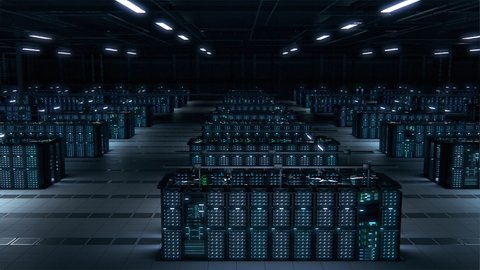 Modern Data Technology Center Server Racks Working in Dark Room. Concept of Internet of Things, Big Data Protection, Storage, Cryptocurrency Farm, Cloud Computing. 3D Panning Camera Shot.