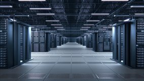 Modern Data Technology Center Server Racks Working in Well-Lighted Room. Concept of Internet of Things, Big Data Protection, Storage, Cloud Computing. 3D Arc Camera Shot. - Powered by Shutterstock - Get 15% off with code: PIKWIZARD15