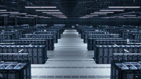 Modern Data Technology Center Server Racks Working in Well-Lighted Room. Concept of Internet of Things, Big Data Protection, Storage, Cryptocurrency Farm, Cloud Computing. 3D Moving Back Camera Shot. - Powered by Shutterstock - Get 15% off with code: PIKWIZARD15
