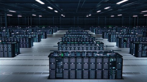 Modern Data Technology Center Server Racks Working in Well-Lighted Room. Concept of Internet of Things, Big Data Protection, Storage, Cryptocurrency Farm, Cloud Computing. 3D Panning Camera Shot.