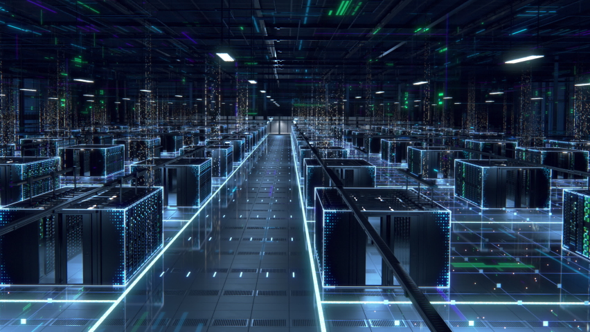Modern Data Technology Center Server Racks in Dark Room with VFX. Animated Visualization Concept of Internet of Things, Data Flow, Digitalization of Internet Traffic. Panning Camera Shot. - Powered by Shutterstock - Get 15% off with code: PIKWIZARD15