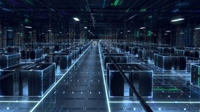 Modern Data Technology Center Server Racks in Dark Room with VFX. Animated Visualization Concept of Internet of Things, Data Flow, Digitalization of Internet Traffic. Panning Camera Shot. - Powered by Shutterstock - Get 15% off with code: PIKWIZARD15