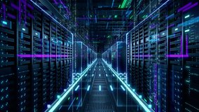 Modern Data Technology Center Server Racks in Dark Room with VFX. Animated Visualization Concept of Internet of Things, Data Flow, Digitalization of Internet Traffic. Moving Back Camera Shot. - Powered by Shutterstock - Get 15% off with code: PIKWIZARD15