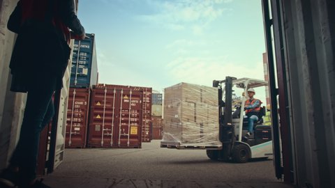 Forklift Driver Loading a Shipping Container with a Pallet with Boxes in Logistics Terminal. Female Industrial Supervisor Helping the Process. VFX Double Girder Gantry Cranes Work in the Background.