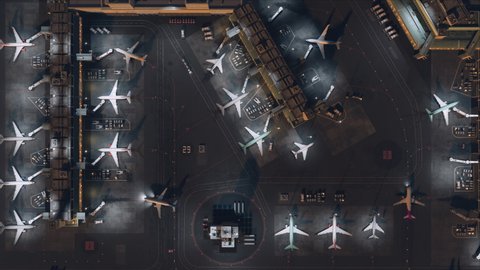 Aerial View of a 3D Commercial Airport Render with Airplanes, Passenger Terminals, Runway and Service Machinery. Top Down Panning View of Modern VFX Aircrafts Moving International Port in the Evening.
