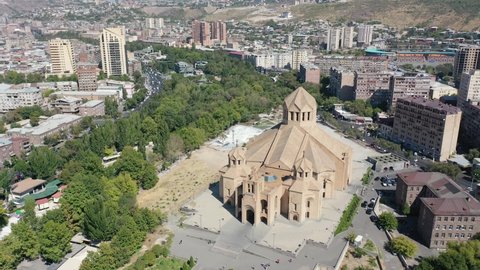 Yerevan, Armenia 15.09.2021 Aerial view of Saint Gregory the Illuminator Cathedral in Yerevan, capital of Armenia. Historical Place in center of Yerevan. Armenian Apostolic Church.