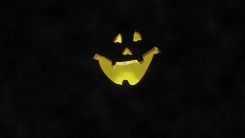 Pumpkin lantern, Halloween attribute. A lantern, carved from a pumpkin, a head with a frightening or funny face. Jack-o-lantern. Will-o-the-wisp. Fog moving in the night. Flashing and glowing light