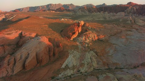 Valley of Fire, Nevada circa-2021: Valley of Fire State Park at sunset, aerial shot. Shot with Cineflex from Helicopter with RED 8K.