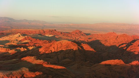 Valley of Fire, Nevada circa-2021: Valley of Fire State Park at sunset, aerial shot. Shot with Cineflex from Helicopter with RED 8K.